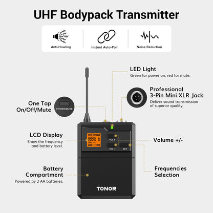 TONOR TW632 UHF Funkmikrofon Set mit Headset und Lavalier Mikrofon