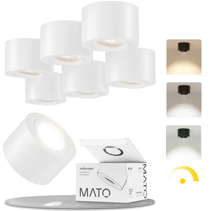 MATO Aufbauspot LED 6er Set Weiss flach schwenkbar Ø80mm. Weiße, runde LED-Spots zur flexiblen Lichtlenkung.