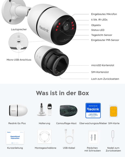 Reolink Go Plus 4G LTE Aussen-Überwachungskamera 2K 4MP mit Akku