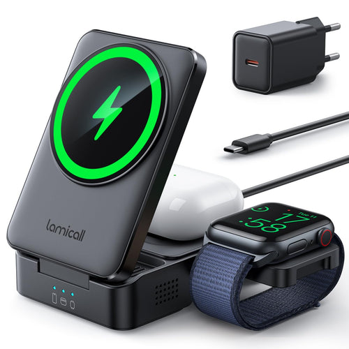 Lamicall 3-in-1 MagSafe Ladestation für iPhone, Apple Watch & AirPods, faltbarer Ständer