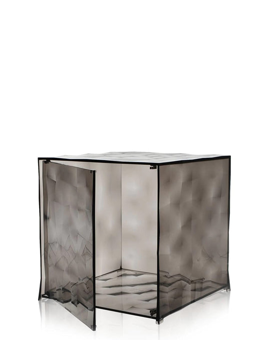 Kartell Optic, Fume', 40 x 40 x 40 cm: Würfelförmiger Rauchglas-Aufbewahrungswürfel zur modularen Objektlagerung.
