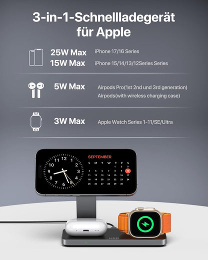 QTlier 3-in-1 Ladestation Qi2.2 25W für iPhone, Apple Watch, AirPods