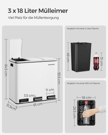 SONGMICS Mülltrennsystem Treteimer 3x18L, 3 Fächer, Wolkenweiss