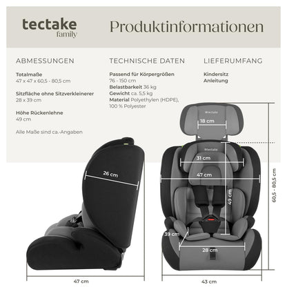 tectake Kindersitz Sophie i-Size Autositz mit 5-Punkt-Gurt, dunkelgrau