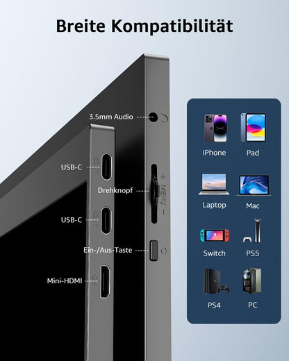 Yodoit PTM15 Portabler Monitor 15,6 Zoll FHD IPS USB-C mit Ständer