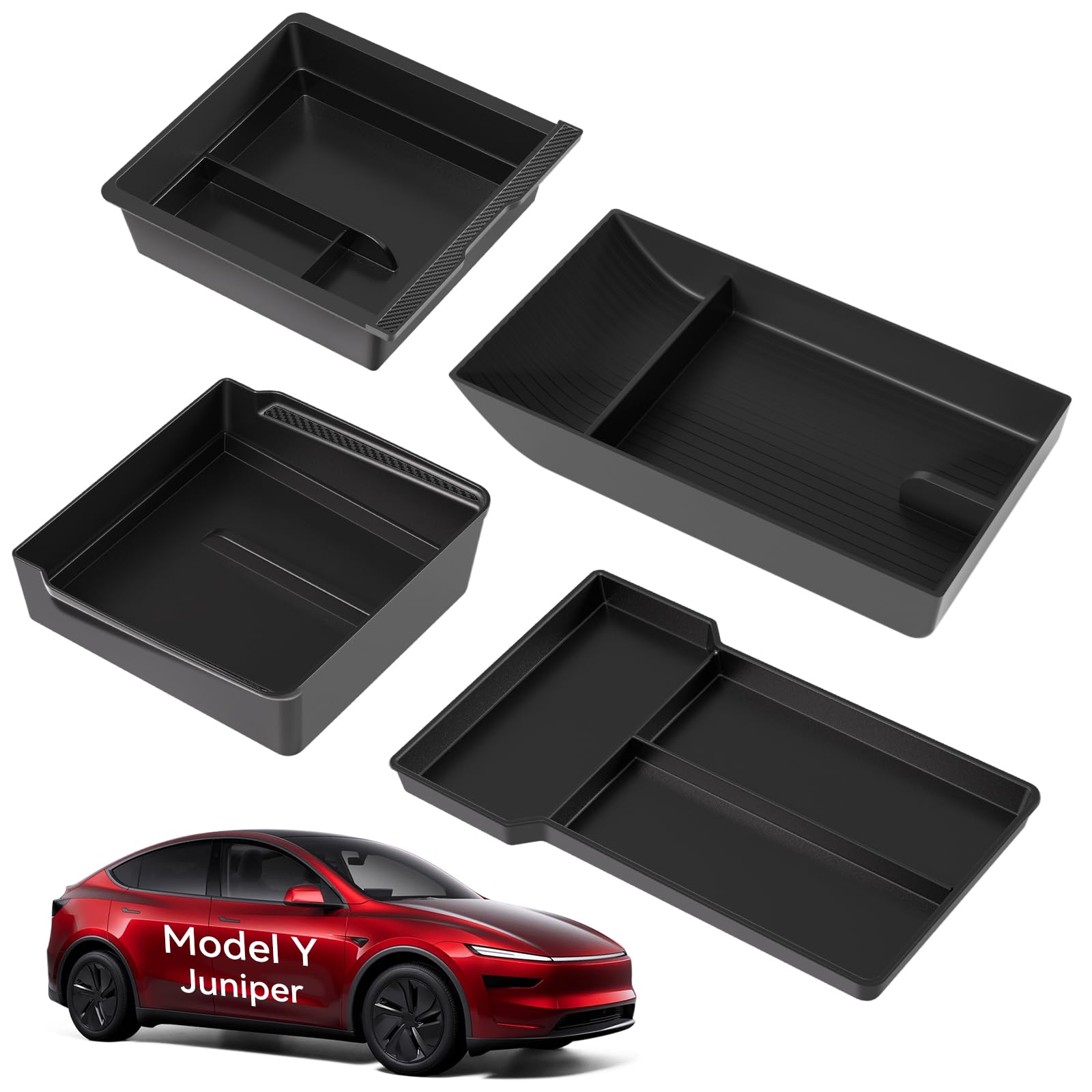 VIHIMAI Mittelkonsole Organizer Set 4-teilig, Tesla Model Y Juniper – schwarze ABS-Ablagen mit Silikonmatte