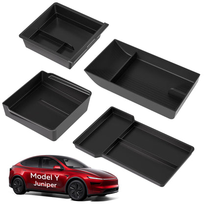 VIHIMAI Mittelkonsole Organizer Set 4-teilig, Tesla Model Y Juniper – schwarze ABS-Ablagen mit Silikonmatte