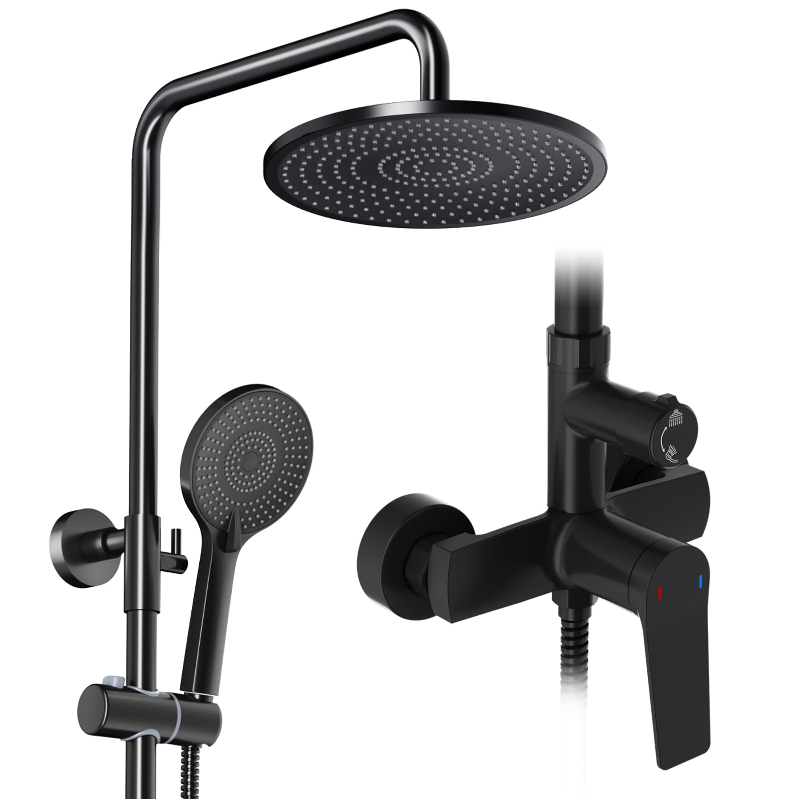 Rainsworth Duschsystem Komplettset – Regendusche Schwarz 25cm. Schwarzes Duschsystem mit 25cm flacher Regenkopfbrause für gleichmäßiges Duschen.