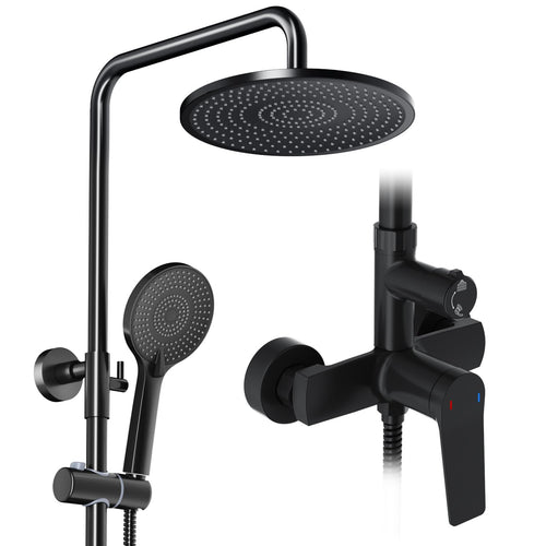 Rainsworth Duschsystem Komplettset – Regendusche Schwarz 25cm. Schwarzes Duschsystem mit 25cm flacher Regenkopfbrause für gleichmäßiges Duschen.