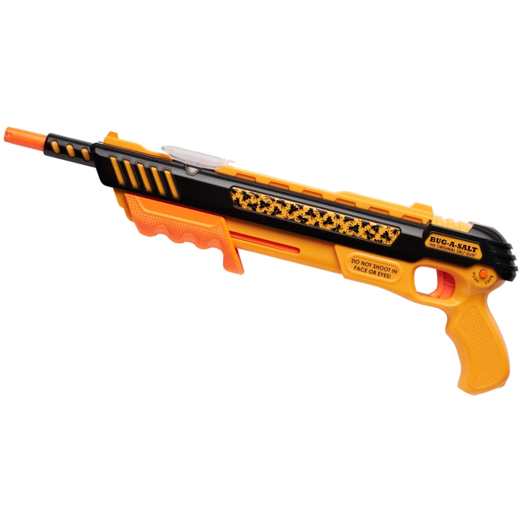 Bug-A-Salt 3.0 Orange Crush Edition Salzgewehr. Oranges Salzgewehr, das Speisesalz als Munition zum Bekämpfen von Insekten nutzt.