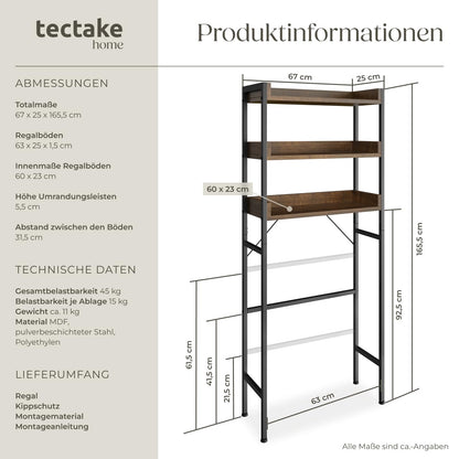 tectake Badezimmerregal mit 3 Ablagen, Industrial Design, dunkelbraun