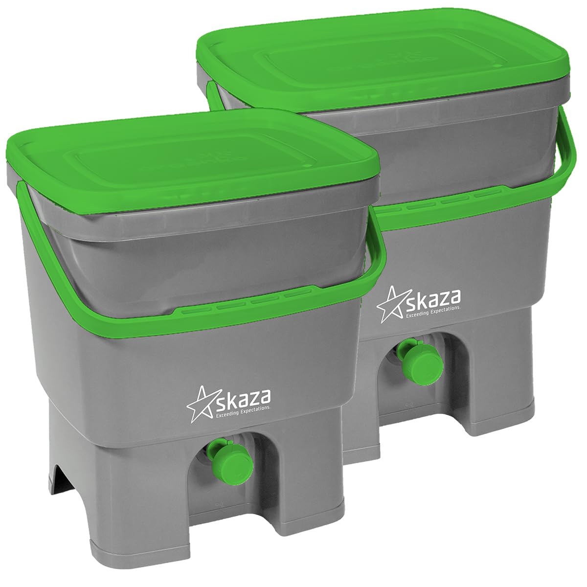 Skaza Bokashi Organko Biomülleimer Set 2 x 16 Liter mit EM Aktivator, Komposteimer aus recyceltem Kunststoff, Grau-Grün