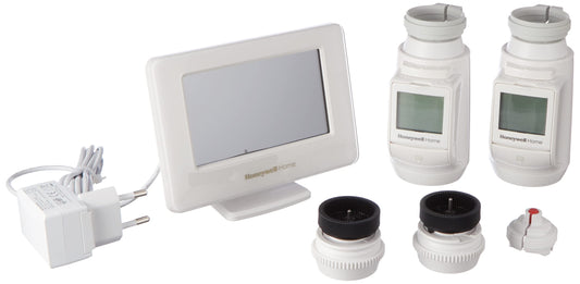 Honeywell Home evohome Wi-Fi Starter Paket - THR99C3102: Weißer, rechteckiger Controller zur drahtlosen Heizungssteuerung per Wi-Fi in Zonen.