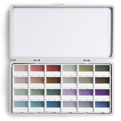 Fuumuui Aquarellfarben Set, 24 deckende Farben mit Mischpalette – halbfeuchte Farbnäpfchen in gedeckten Grautönen