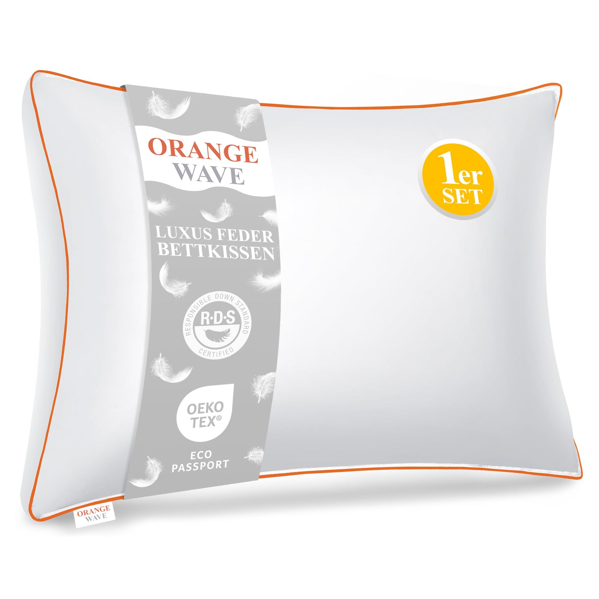 Orange Wave Daunenkissen 40x80 cm, 3-Kammer-Kopfkissen mit 950 g Füllung aus Daunen und Federn