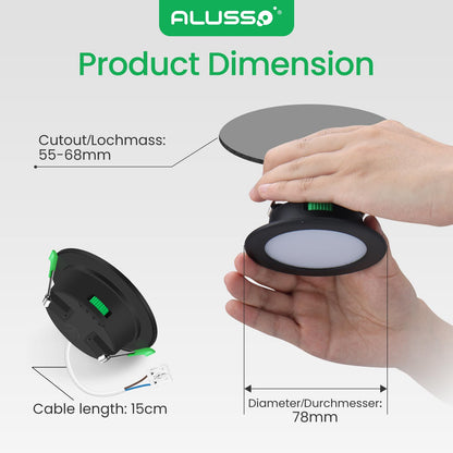 ALUSSO LED Einbaustrahler Dimmbar IP44 Schwarz – 12er Set