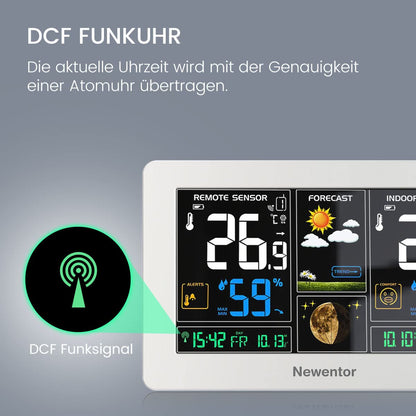 Newentor Wetterstation Funk - mit 2 Aussensensoren DCF weiss