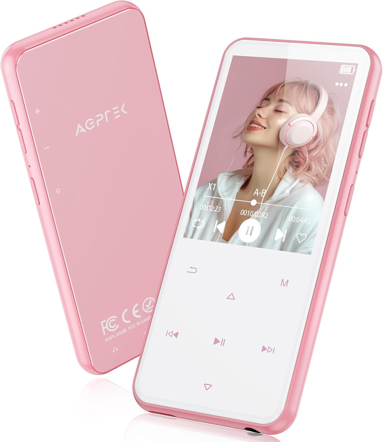 AGPTEK M3 MP3-Player 64 GB Bluetooth 5.3, Lautsprecher, FM-Radio, Rosa mit 2,4-Zoll-TFT-Farbdisplay und Touch-Tasten