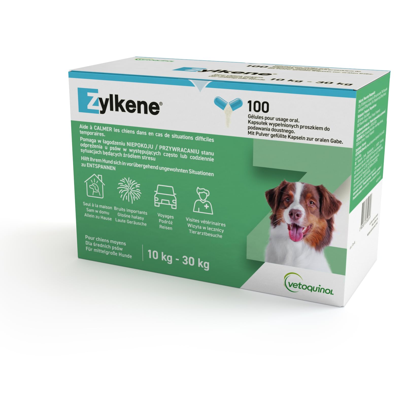 Vetoquinol - Zylkene 225mg 100 Kapseln für Hunde und Katzen, 1er Pack. Weiße Kapseln zur Stressreduktion bei Tieren.
