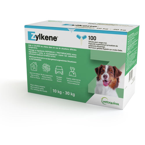 Vetoquinol - Zylkene 225mg 100 Kapseln für Hunde und Katzen, 1er Pack. Weiße Kapseln zur Stressreduktion bei Tieren.