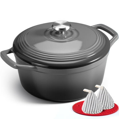 Overmont Schmortopf Emaille Gusseisen Bräter 26 cm mit Deckel, Grau – emaillierter Topf zum Schmoren und Braten