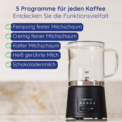 Safecourt Elektrischer Milchaufschäumer MF500 mit Glasbehälter