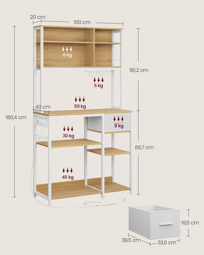 VASAGLE KKS027Y02 Küchenregal mit Steckdosen - goldeichenfarben-weiss