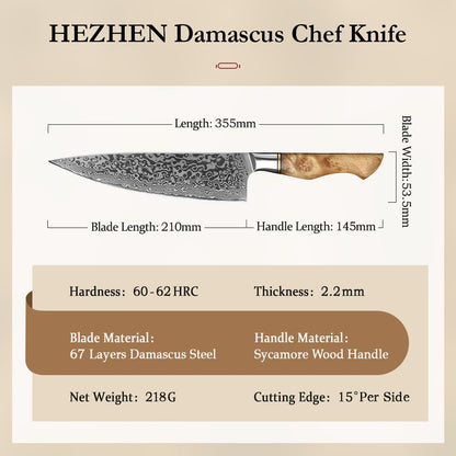 HEZHEN Kochmesser Gyuto Professional 21cm Damaststahl