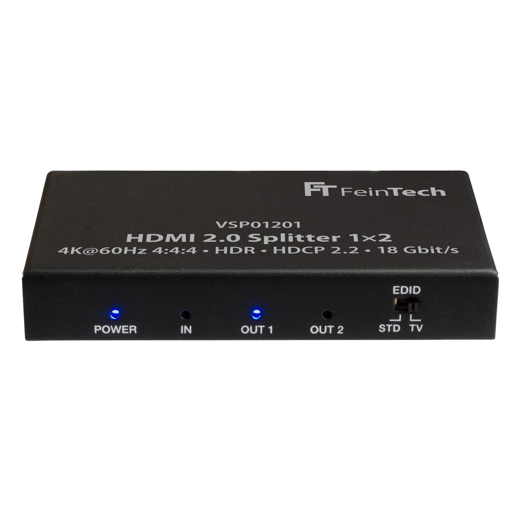 FeinTech VSP01201 HDMI 2.0 Splitter 1 auf 2, 4K 60Hz HDR HDCP 2.2 – HDMI-Verteiler für zwei Displays