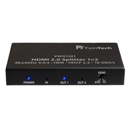 FeinTech VSP01201 HDMI 2.0 Splitter 1 auf 2, 4K 60Hz HDR HDCP 2.2 – HDMI-Verteiler für zwei Displays