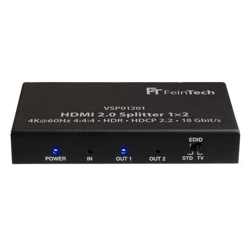 FeinTech VSP01201 HDMI 2.0 Splitter 1 auf 2, 4K 60Hz HDR HDCP 2.2 – HDMI-Verteiler für zwei Displays