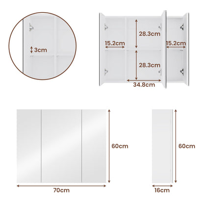 DICTAC Spiegelschrank Bad 3 Türen Wandschrank – 70x60x16cm Weiss