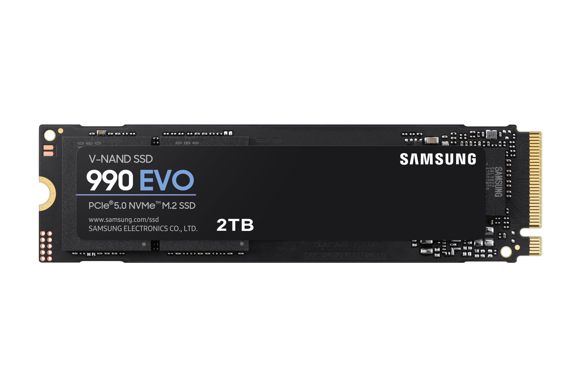 Samsung 990 EVO NVMe M.2 SSD 2 TB – MZ-V9E2T0BW: Schwarze M.2 Platine mit Chips. Schneller Datenspeicher für PCs.