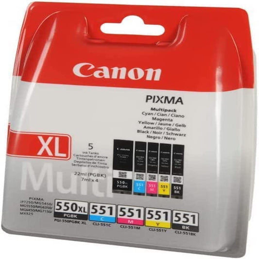 Canon Original PG-550XL/CLI-551 Tintenpatronen Multipack: Rechteckige Patronen in Schwarz, Cyan, Magenta, Gelb für Tintenstrahldrucker zum Farbdruck.