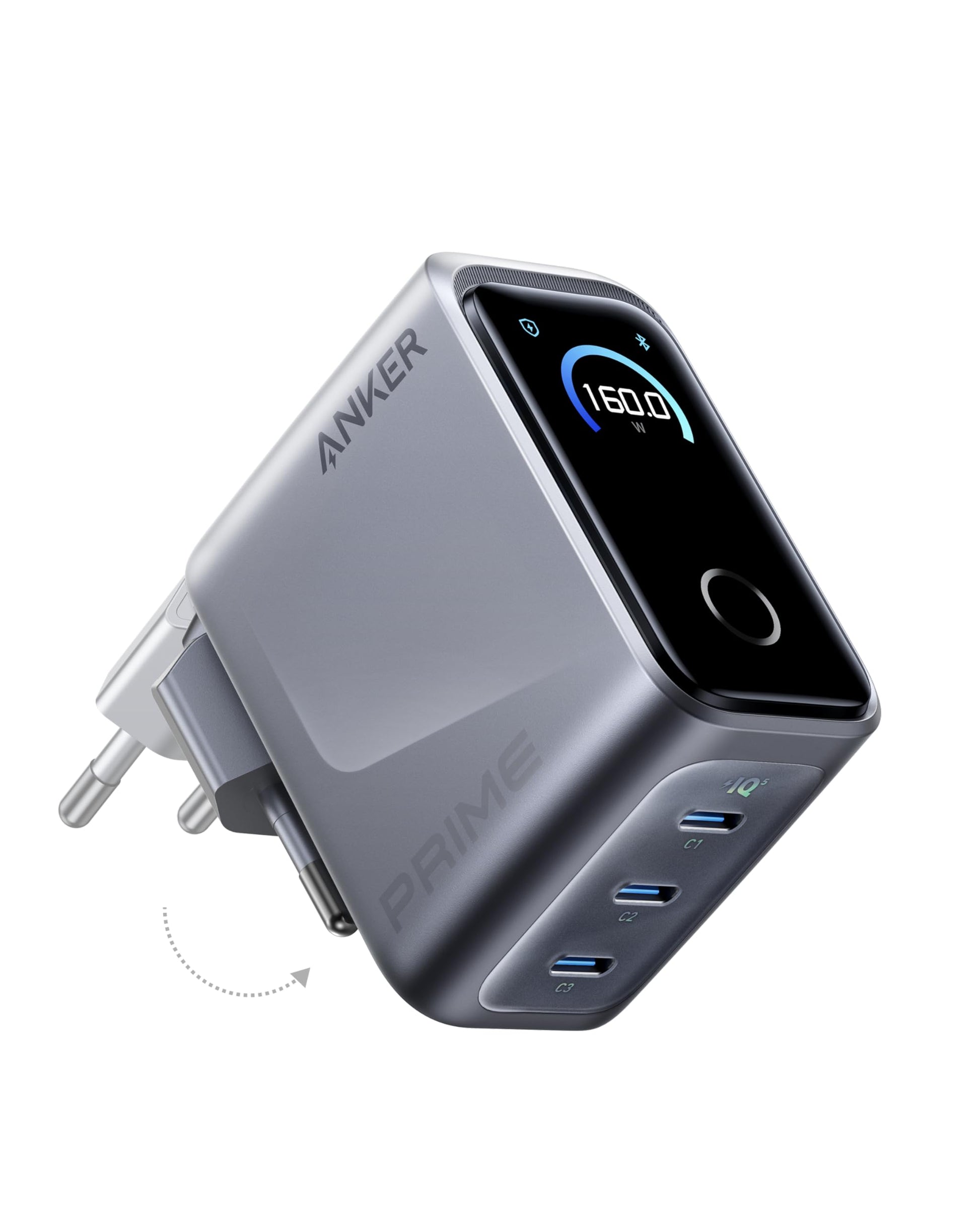 Anker Prime 160W USB-C Ladegerät, GaN, 3 Ports, Smart Display, A2687 mit kompaktem Gehäuse und drei USB-C Anschlüssen