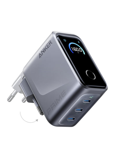 Anker Prime 160W USB-C Ladegerät, GaN, 3 Ports, Smart Display, A2687 mit kompaktem Gehäuse und drei USB-C Anschlüssen
