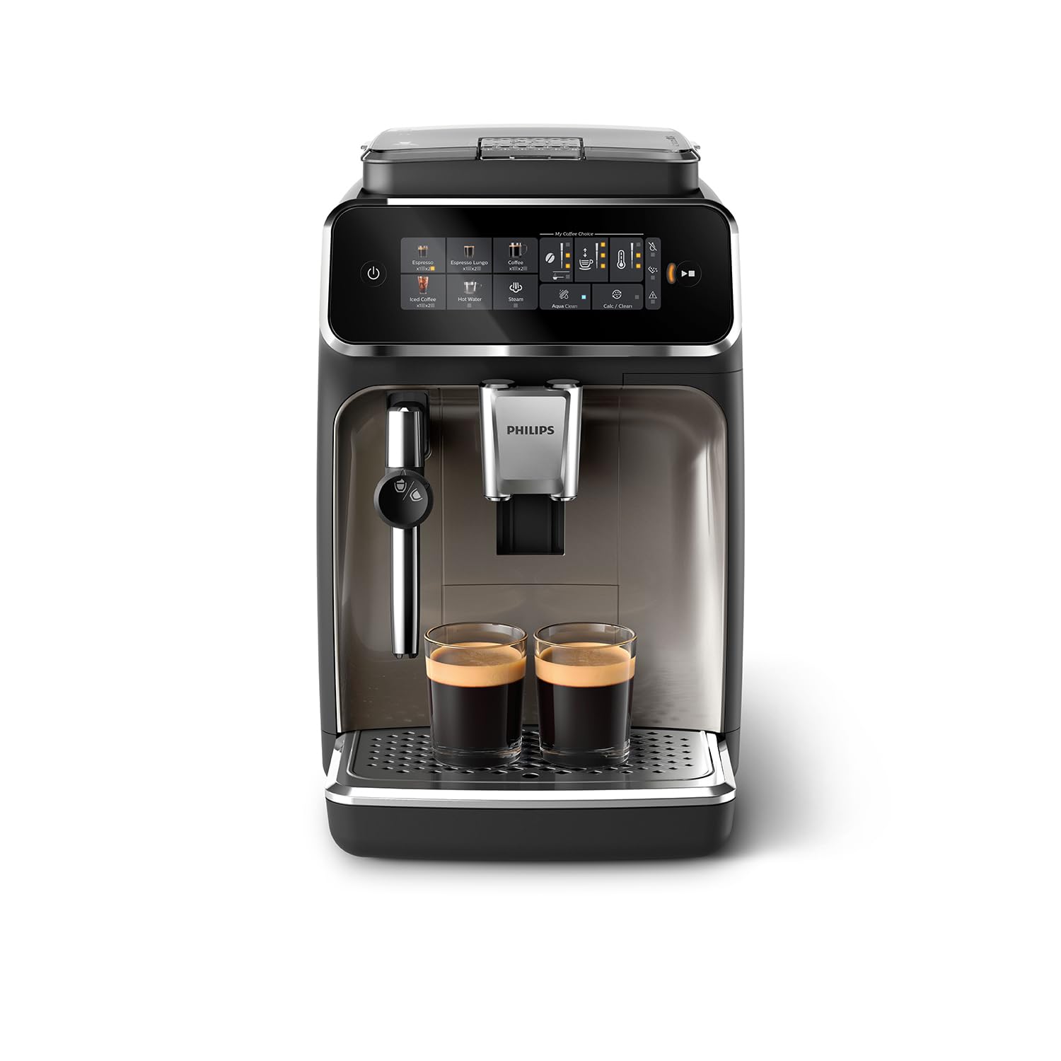 Philips 3300 Series Kaffeevollautomat EP3326/90 Schwarzchrom. Schwarzchromfarben. Bereitet vollautomatisch Kaffeespezialitäten.