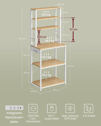 VASAGLE Küchenregal KKS124Y01 mit Steckdosen – Goldeiche/Weiss