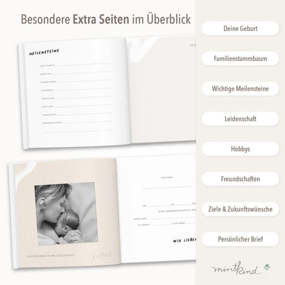 mintkind Erinnerungsbuch Kindheit Beige – Leinenalbum 0 bis 18 Jahre