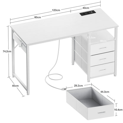 ODK Schreibtisch 120x48cm mit 3 Schubladen, Steckdosen, USB – Weiss