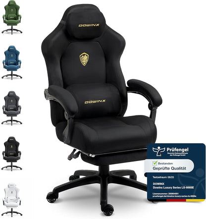 Dowinx Gaming Stuhl ergonomisch mit Fussstütze, hellschwarz, Mikrofaser-Velours