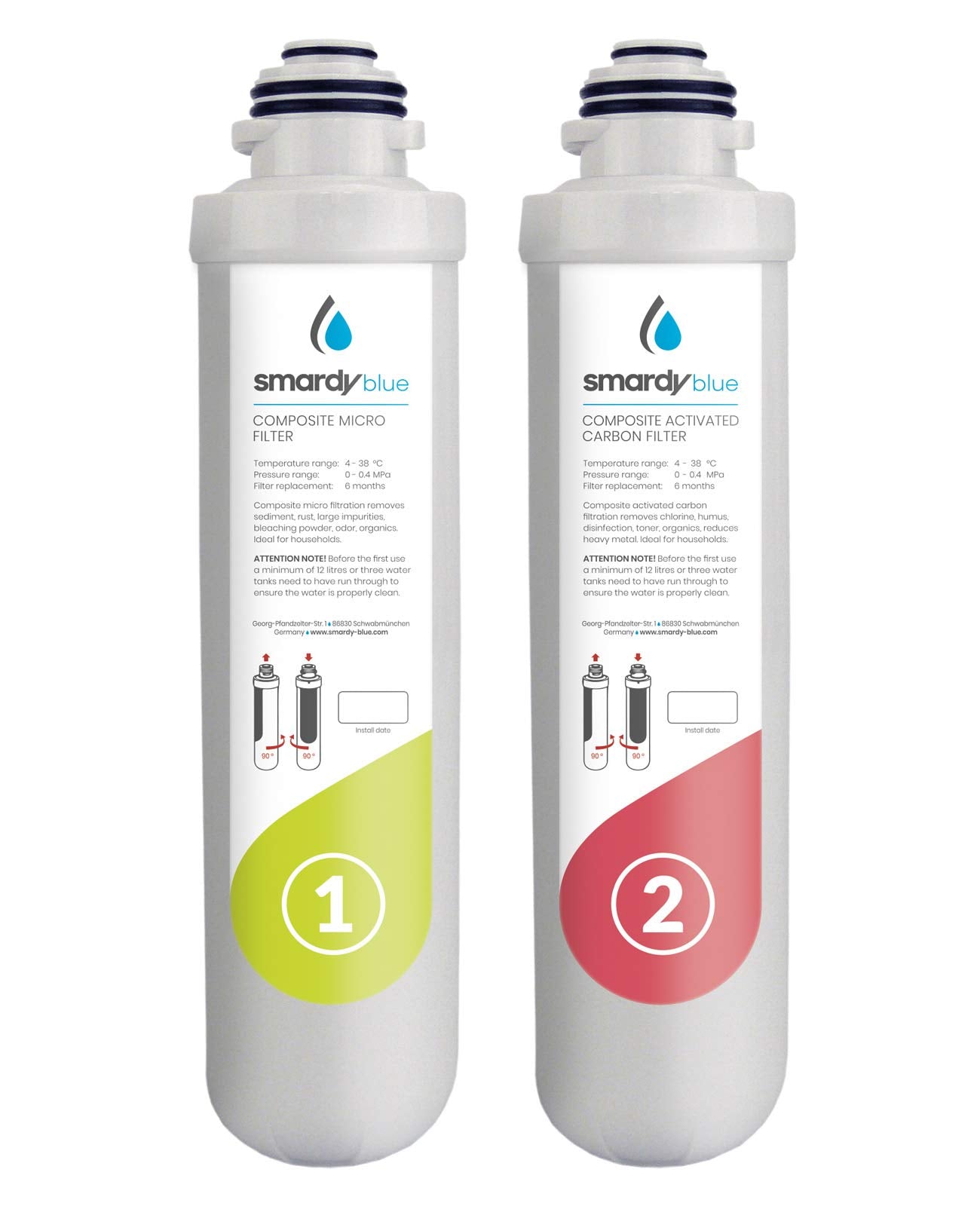 smardy blue 2in1 Ersatzfilter Set für Osmoseanlage miran, xiva: Zwei zylindrische, weiß-blaue Filter zur Wasserreinigung in Osmoseanlagen.