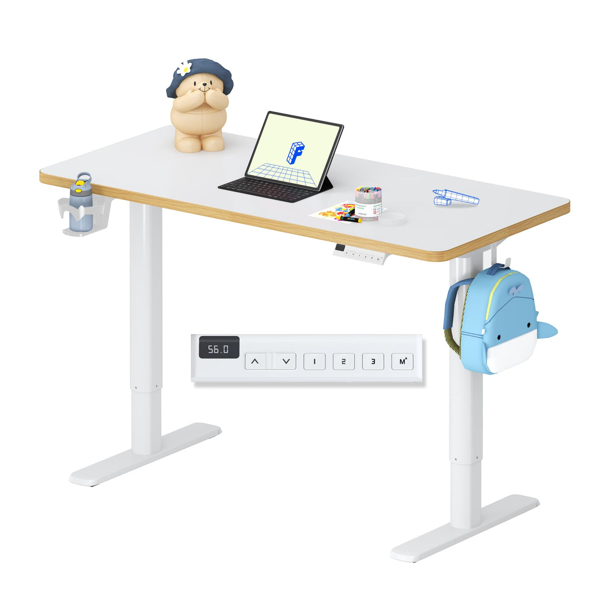 FLEXISPOT Kinderschreibtisch elektrisch höhenverstellbar, 110 x 52 cm mit LED-Höhenanzeige und Getränkehalter