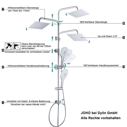 JOHO Duschsystem ohne Armatur – Edelstahl eckig 20x20cm chrom