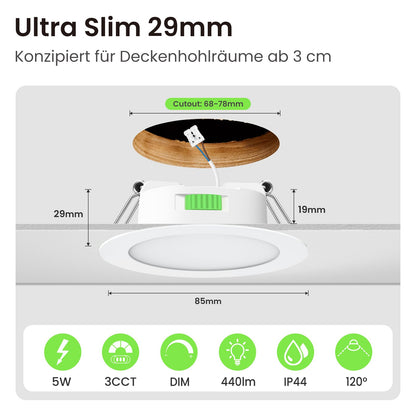ALUSSO LED Einbaustrahler 68mm, 5W dimmbar, 3CCT, IP44, 10 Stück