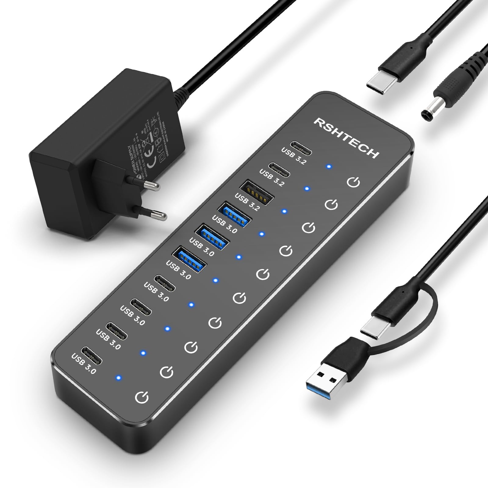 RSHTECH 10 Port USB-C Hub mit Netzteil – USB 3.2/3.0. Rechteckig, schwarz. Erweitert USB-C um 10 USB 3.2/3.0 Ports.