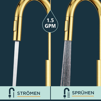 FORIOUS Küchenarmatur Hoher Bogen Ausziehbar – Gebürstetes Gold