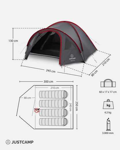 Justcamp Scott Campingzelt - Kuppelzelt 4 Personen Wasserdicht