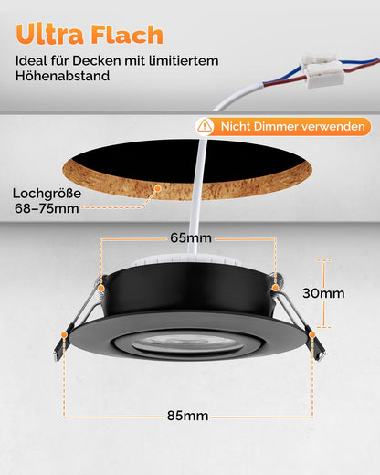 wowatt LED Einbaustrahler 6er Set, 230V, schwenkbar, dimmbar, schwarz