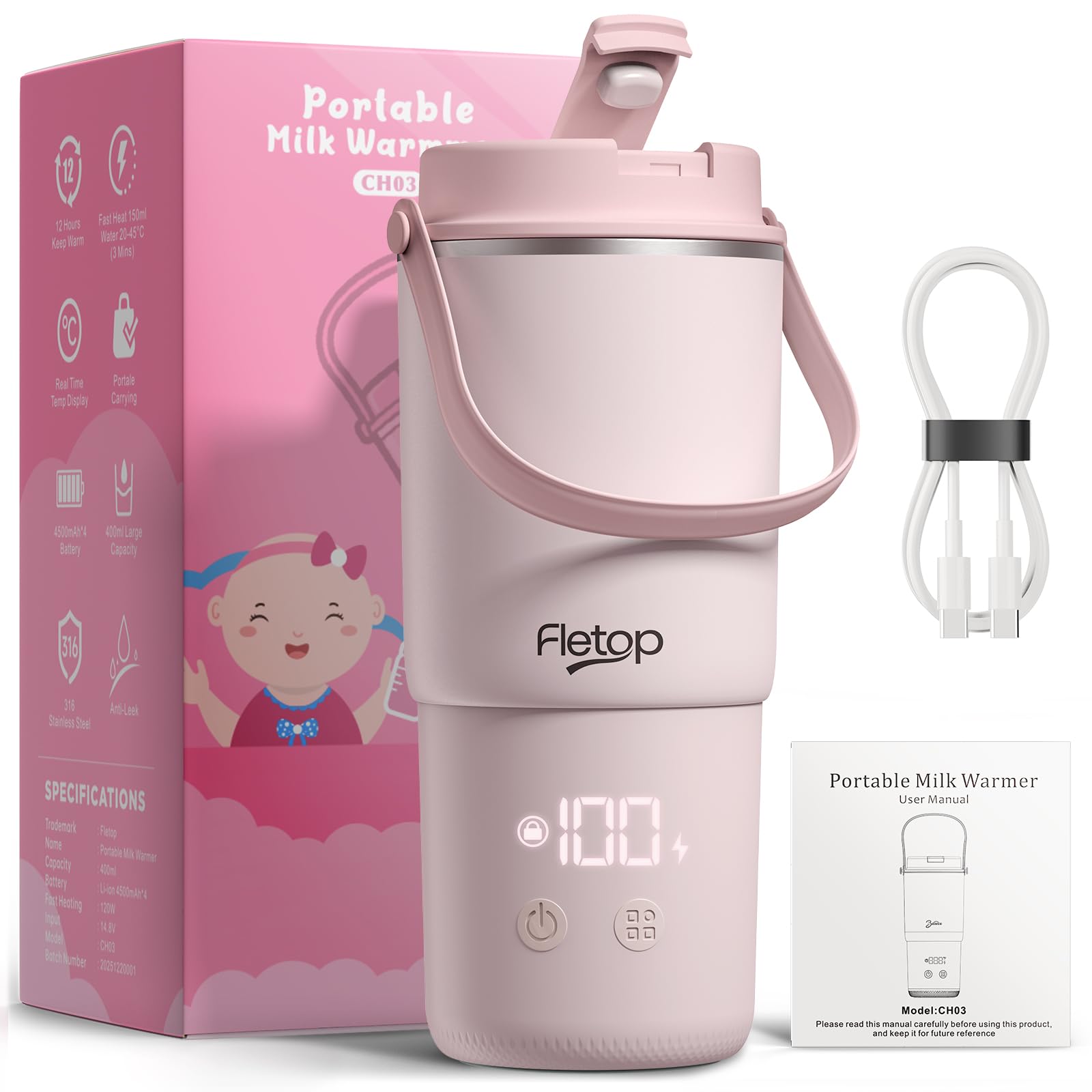 Fletop Flaschenwärmer Baby mit Akku für unterwegs, 120 W, Innenbehälter aus 316-Edelstahl